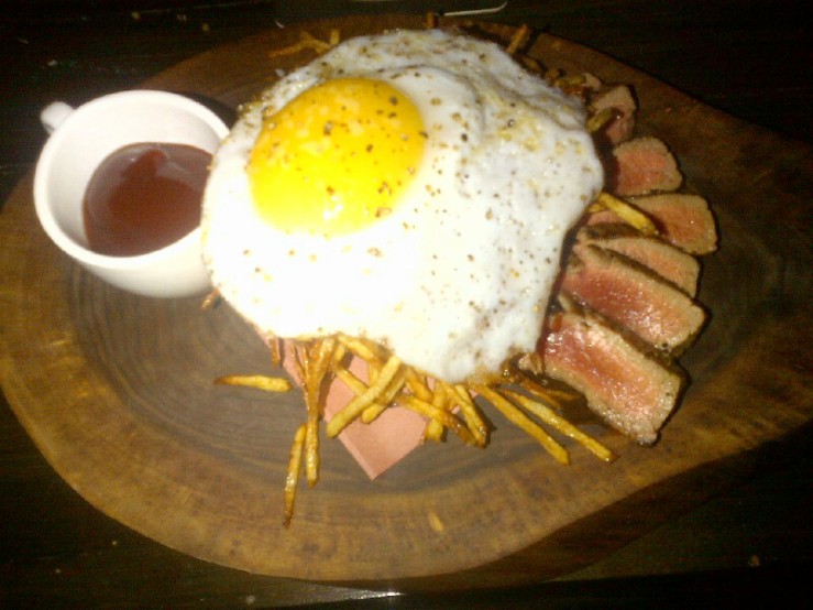 Flank Steak with Hickory Sticks and Duck Egg